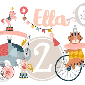 May include: A colorful circus-themed birthday card with the name "Ella" and the number "2" in a large circle. The card features a pink elephant, a tiger riding a unicycle, a pink horse on a platform, and a monkey playing a trumpet. The text "Bugebild DIN A5 oder DIN A4 wählbar" is in a gray box in the upper right corner.