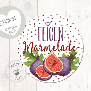 Può includere: Un adesivo rotondo con la scritta "FEIGEN Marmelade" e illustrazioni di fichi. L'adesivo ha uno sfondo bianco con pois colorati e un cuore. L'adesivo ha anche la scritta "Sticker 12 Stück 6cm".
