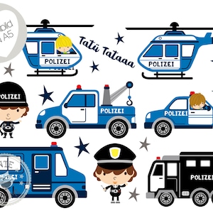Könnte beinhalten: Ein Set mit blauen und schwarzen Polizeifahrzeug-Aufklebern mit einem Polizeihubschrauber, einem Polizeiauto, einem Polizeilastwagen, einem Polizeivan und einem Polizisten. Die Aufkleber sind perfekt, um das Kinderzimmer oder den Spielbereich zu dekorieren.
