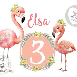 Bügelbild- Aufkleber-Tortenaufleger-Einladungskarten-Muffintopper T-Shirt Optionen wählbar Flamingos