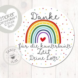 Aufkleber Danke für die kunterbunte Zeit mit Namen 12 Stück  6cm Geschenk Erzieherin