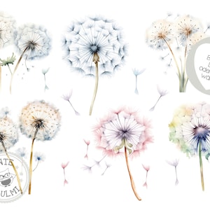 May include: Watercolour painting of dandelion seeds blowing in the wind. The dandelion seeds are in various shades of blue, pink, and yellow. The text "Bugebild DIN A5 oder DIN A4  wahlbar" is in the top right corner of the image.