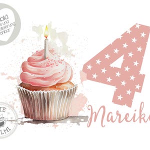 May include: A pink cupcake with a lit candle on top, a pink number four with white stars, and the name "Mareike" written in pink. The cupcake is decorated with pink icing and sprinkles. The background is a watercolour wash of pink and white.
