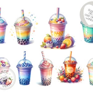 Op de afbeelding: Waterverfillustratie van verschillende bubble tea-dranken in doorzichtige plastic bekers met kleurrijke rietjes. Elke beker heeft verschillende fruit- en smaakcombinaties, met regenboogkleurige lagen en tapiocaparels. Sommige bekers hebben fruitgarnituren.