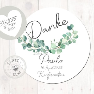 Aufkleber Danke Kommunion Konfirmation Taufe mit Namen und Datum 12 Stück  6cm