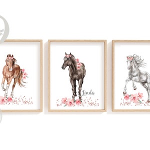 Pictures children's room 3 pieces print A4 horses with name selectable