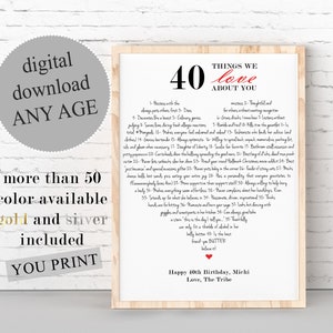 PERSONALIZED 40th Birthday Gift For Wife, 40 Things We Love About You PRINTABLE, Reasons Why We Love You, 40 Reasons I Love You