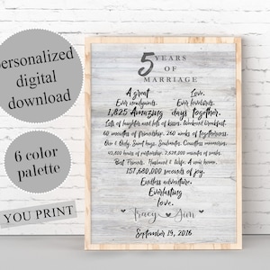 PERSONALIZED 5 Year Wedding Anniversary, 5th Anniversary Gift, Fifth Year Anniversary, 5 Year Of Marriage, 5th CUSTOM Couple Gift, PRINTABLE