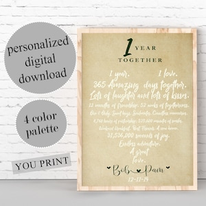 1 Year Anniversary Gift, 1 Year Together, PERSONALIZED Gift For Couple, Gift For Her, Gift For Him, Paper Anniversary Gift, PRINTABLE Art