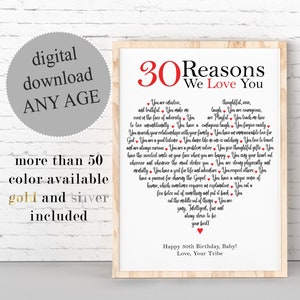 PERSONALIZED 30 Birthday Gif, 30 Reasons Why We Love You PRINTABLE, 30 Things We Love About You, Custom 30th Birthday Gift For Her, Any Age