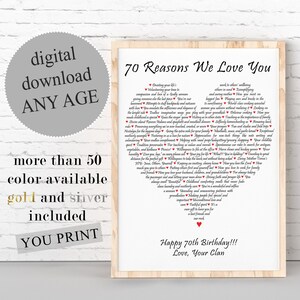 Regalo personalizzato per il 70° compleanno, regalo per la festa del papà, 70 motivi per cui ti amiamo, decorazioni per la festa del 70° compleanno, poster per il 70° compleanno, STAMPABILE