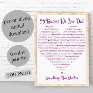 GEPERSONALISEERD vaderdagcadeau, cadeau voor man van vrouw, 50 redenen waarom we van papa houden, cadeau voor papa, cadeau voor opa van kinderen, AFDRUKBARE kunst