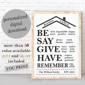 Personalized Family Rules Sign, Custom Home Rules, Family Rules Sign, Be Kind, Be Brave, Say Please, Give Thanks, CUSTOM COLOR