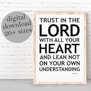 Confía en el Señor con todo tu corazón, Proverbios 3:5, versículo bíblico imprimible, impresión de las Escrituras, decoración cristiana para el hogar, arte mural de las Escrituras