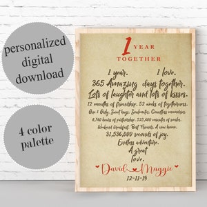 Personalized 1 Year Anniversary Art Print: Couple Names, Dates (Digital Download)
