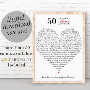 50 Things We Love About You PRINTABLE, Customized Reasons We Love About, Fifty Birthday, 50 Reasons We Love You, CUSTOM Digital Download