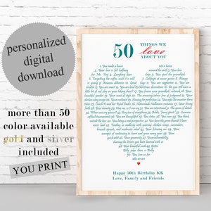50 Birthday Gift For Women, 50 Reasons We Love You, 50 Things We Love About You, PERSONALIZED Gift For Best Friends, CUSTOM Names, Printable