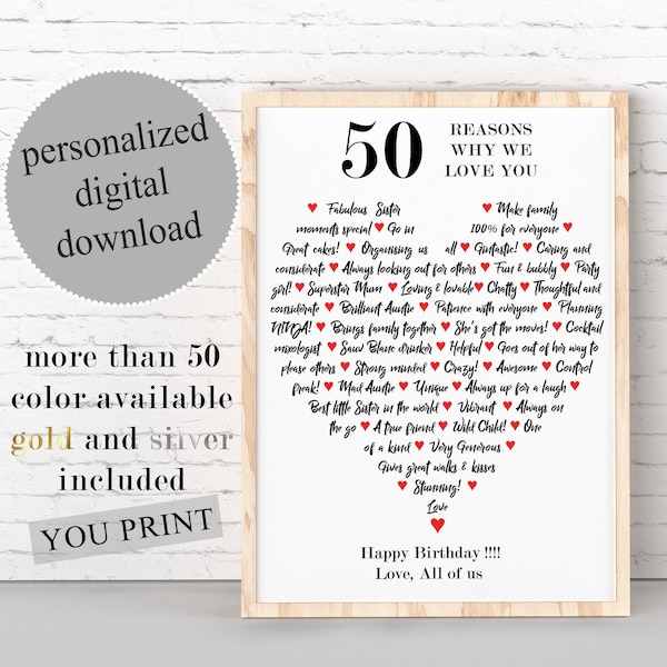 50 Reasons Why We Love You PRINTABLE, Customized Things We Love About, 50th Birthday, 50 Reasons We Love You, Gift For Mama, CUSTOM Gifts