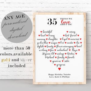 35 Things We Love About You, Custom Birthday Print, 35 Things I Love about you, 35th Birthday Gift, 30th Birthday, 40th Birthday, PRINTABLE