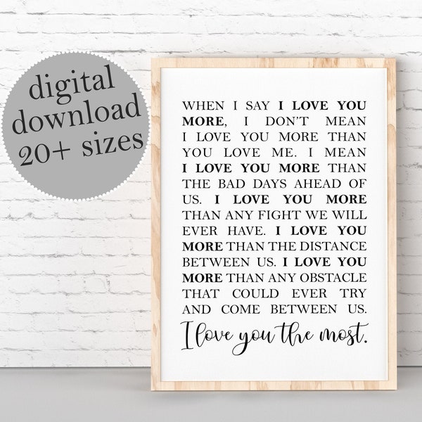 When I Say I Love You More, I Love You More, I Love You The Most, Anniversary Gift, Wedding Decor, Love Quote Sign, LARGE PRINTABLE Art