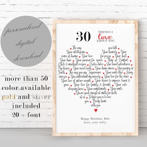 30 Things I Love About You PRINTABLE, PERSONALIZED 30 Reasons I Love You, 30th Birhday Gift For Her, 30th Wife Gift, 30 Reasons We Love You