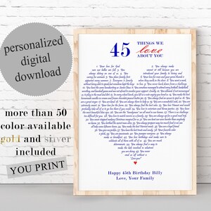 45th Birthday Gift, REASONS We Love You, Personalized Birthday Gift, THINGS We Love About You, 45th Birthday Poster, PRINTABLE Wall Art