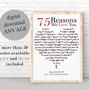 Personalisiertes Geschenk zum 75.Geburtstag: 75 Gründe, warum wir dich lieben (Printable)