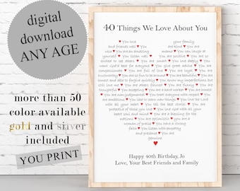 40 Things We Love About You PRINTABLE, CUSTOM Reasons I Love About, 40 Reasons We Love You, 40th Birthday, Gift For Mom, Gift For Sister