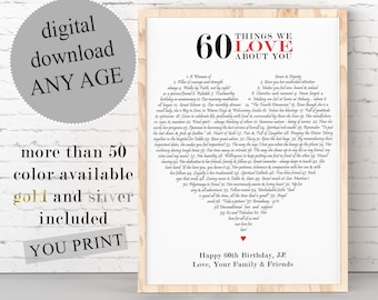 60th Best Friend Gift, PERSONALIZED Gift For Her, Gift For Him, Reasons Why We Love You, 60 Things We Love About You PRINTABLE, Any Age