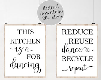 Kitchen Wall Art, This Kitchen Is For Dancing, Set Of 2 Prints, Funny Kitchen Wall Decor, Kitchen Dancing Sign, Typography Poster