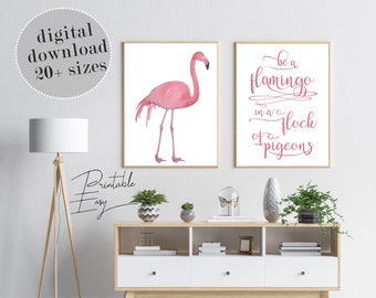 Be A Flamingo In A Flock Of Pigeons, Inspirational Quotes, Girls Room Wall Art, Pink Nursery Decor, Flamingo Quotes, Set of 2 Prints
