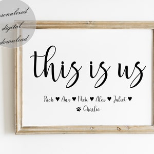 This Is Us ファミリーサイン、ファミリーネームサイン、カスタムネームサイン、パーソナライズされた新築祝いのギフト、印刷可能なウォールアート、カスタムカラー