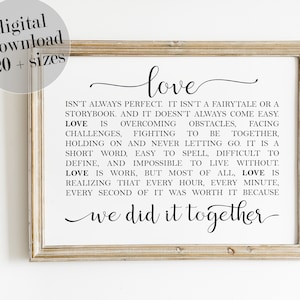 Decoração de casamento, presente de aniversário, o amor não é perfeito, arte de parede grande para impressão, decoração de parede de amor, presente para casal, decoração de quarto