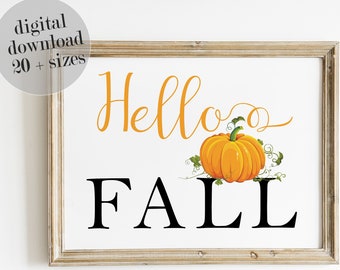 Hello Fall Printable, Autumn Decor, Fall Sign, Pumpkin Decor, Autumn Print, Thanksgiving Decor, LARGE PRINTABLE Wall Art