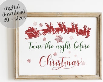 Twas The Night Before Christmas, Christmas Sign, Santa Reindeer Sign, LARGE PRINTABLE Wall Art, DIY Holiday Sign