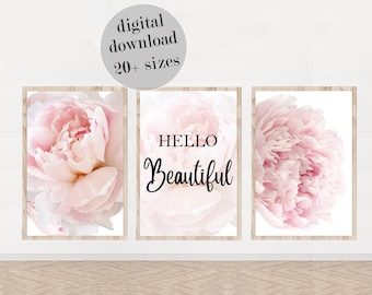 Blush Pink Peony Wall Art Set: Bedroom Decor (Digital Download)