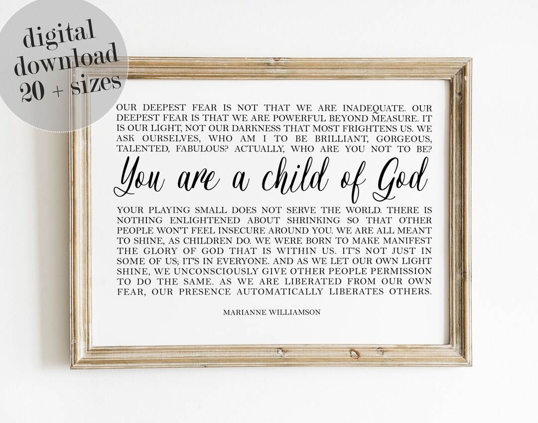 Our Deepest Fear Print, Marianne Williamson, You Are A Child of God ...