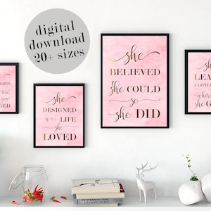 Inspirational Quote Prints: Pink and Gold Wall Art (Set of 4) (Digital Download)