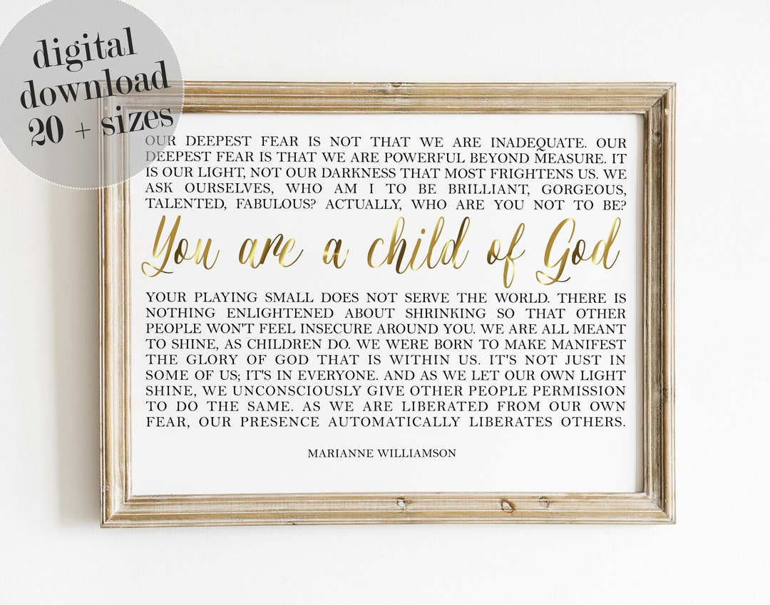 Our Deepest Fear Print, Marianne Williamson, You Are A Child of God, Motivational Quote ...