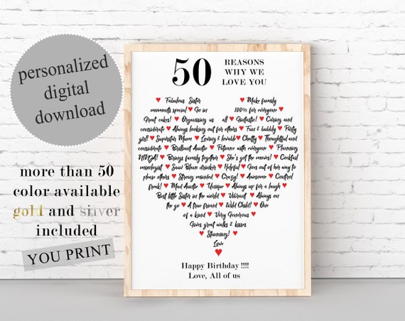 50 Reasons Why We Love You PRINTABLE, Customized Things We Love About, 50th  Birthday, 50 Reasons We Love You, Gift for Mama, CUSTOM Gifts 