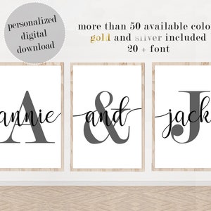 Couple Names And Initials Set Of 3 Prints, Couples Name Prints, Personalised Couples Gifts, Engagement Gift, PRINTABLE Art, CUSTOM Color