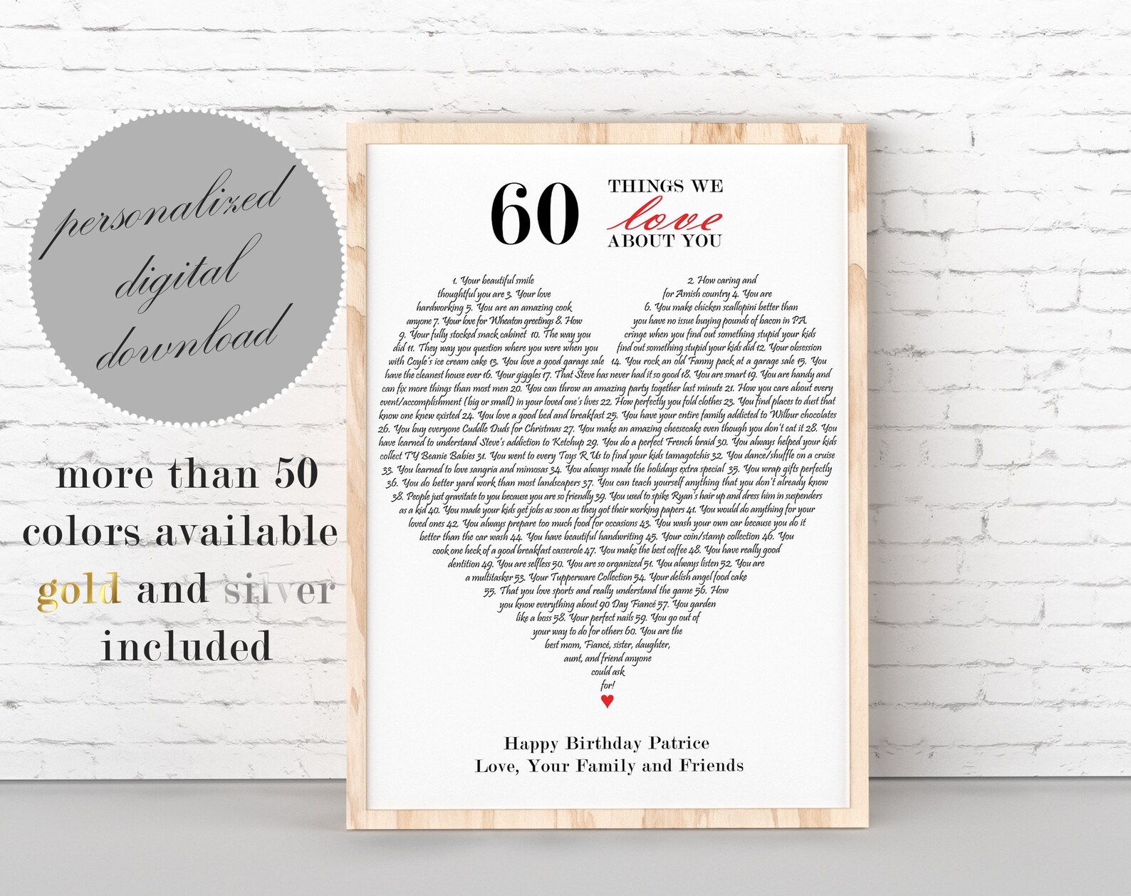 60 Things We Love About You PRINTABLE Personalized 60th Etsy