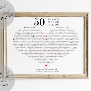 50 Reasons Why We Love You, 50 Things I Love About You, 50th Birthday, Gift For Wife, Gift For Husband, Fifty Birthday, PRINTABLE Wall Art