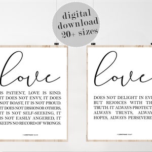 Love is Patient Love is Kind, Master Bedroom Decor, Christian Wall Decor, 1 Corinthians 13:4, Religious Wall Art Prints, Set of 2 Prints