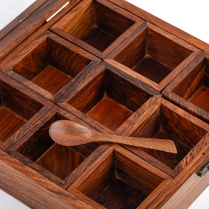 INTAJ Sheesham Wood Floral Burnt Kitchen Decorative Masala Box/Masala Dani Utility Spice Box Set - Perfect Gift for Her, Mom, Christmas