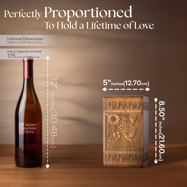 Rosewood hummingbird urn shown next to a wine bottle for scale comparison. Illustrates the physical size of this wooden cremation urn, featuring the clear hummingbird and floral design. Helps visualize the memorial box dimensions.