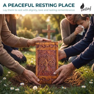 Rosewood Tree of Life urn with peaceful birds, handmade from solid, legally sourced wood, shown in multiple lifestyle scenes for ashes burial, home memorial display, columbarium niches and scattering in nature. Features secure sliding bottom opening with screw, TSA-approved design for travel, and size options from keepsake to XX-large family urn. Warm, comforting finish blends with modern décor, creating a meaningful, dignified tribute and thoughtful sympathy gift.