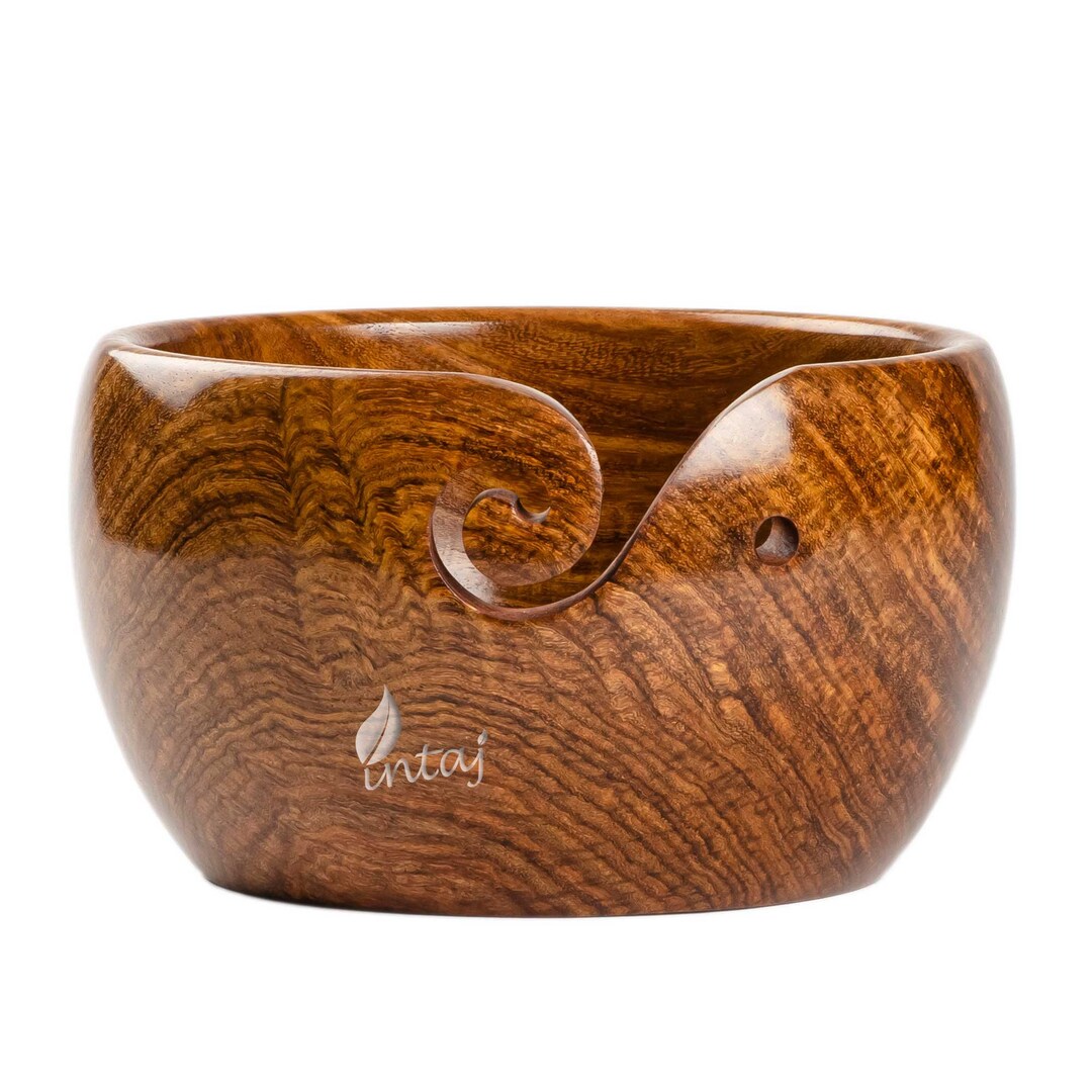 Large Oval Wooden Yarn Bowls For Knitting, Acacia Multi Hole Crochet