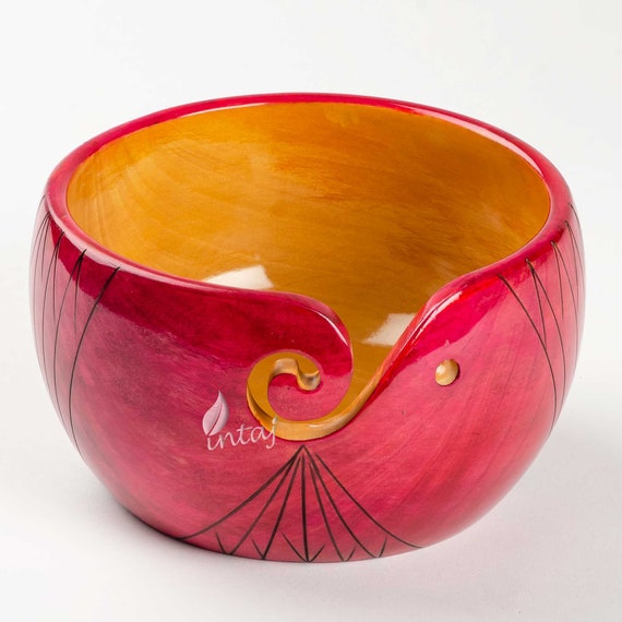 Handmade Yarn Bowl LARGE Wood Knitting Bowl for Crocheting Fuchsia