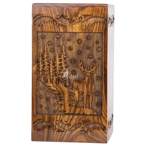 Handmade Rosewood Cremation Urn: Tree of Life Deer Wooden Box